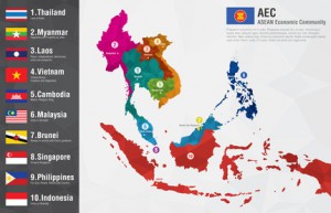 AEC Asean Economic Community world map with a pixel diamond text