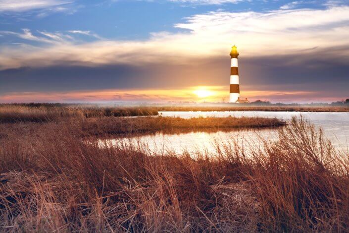 The lighthouse with marshlands in Outerbanks NC